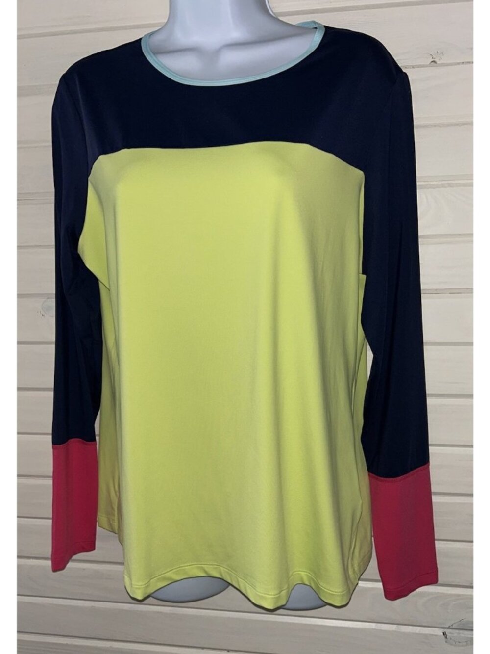 Lands End Sz LARGE L/S Colorblock Swim Tunic Rash Guard UPF 50 Nylon Stretch EUC